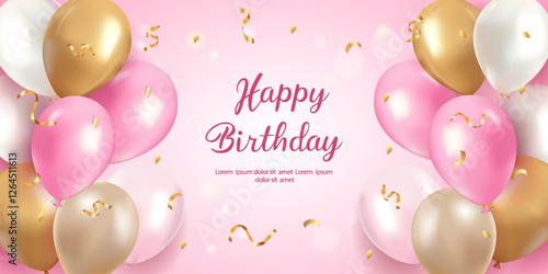 Happy Birthday holiday banner design with pink and white balloons and falling confetti on a rose colored background. Designed for birthday parties, women's day and mother's day feasts.