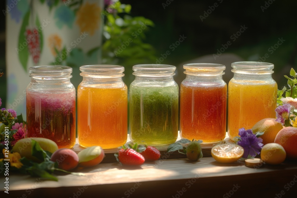Bright jars filled with colorful juices showcase vibrant flavors Bright jars filled with colorful juices showcase vibrant flavors
