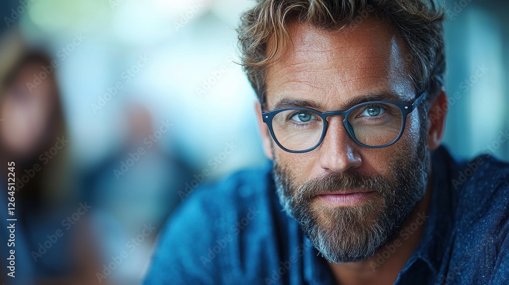 Confident man with glasses in a modern café setting Confident man with glasses in a modern café setting