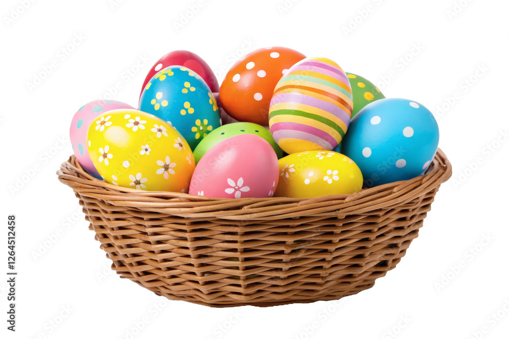 Brightly painted Easter eggs with various patterns in a wicker basket. Easter celebration and decoration Brightly painted Easter eggs with various patterns in a wicker basket. Easter celebration and decoration