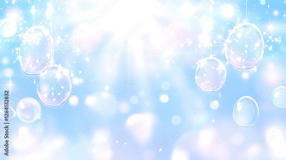Floating Glass Orbs with Sunlight and Sparkling Dust on a Soft Pastel Blue Sky Backdrop Floating Glass Orbs with Sunlight and Sparkling Dust on a Soft Pastel Blue Sky Backdrop