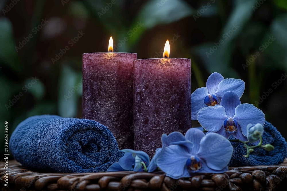 Deep purple candles with vivid blue orchids resting on soft towels, creating a serene spa ambiance with rich colors and peaceful luxury Deep purple candles with vivid blue orchids resting on soft towels, creating a serene spa ambiance with rich colors and peaceful luxury