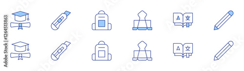 School icon set in two styles, Duotone and Thin Line style. Editable stroke. graduate, backpack, translate, cutter, paperclip, pencil
