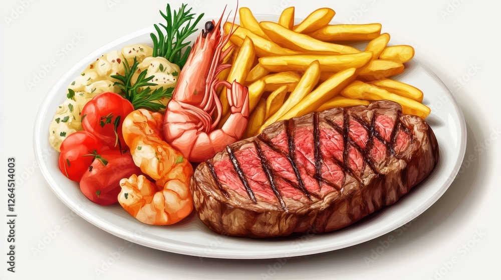 Grilled steak with shrimp, fries and roasted vegetables on a white plate. Grilled steak with shrimp, fries and roasted vegetables on a white plate.