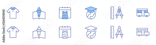 School icon set in two styles, Duotone and Thin Line style. Editable stroke. uniform, back to school, compass, book, global education, school bus