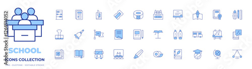 School icons collection. Line Duotone style, editable stroke. abacus, bell, binder, book, files, high school, magazine, paper, pencil sharpener, school bus, earth