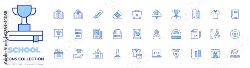 School icons collection. Line Duotone style, editable stroke. grade, school material, stationery, uniform, back to school, compass, education, textbook, award