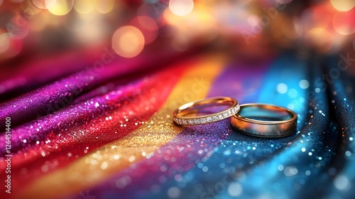 Two elegant gold wedding rings placed on a gently draped LGBT pride flag under soft warm lighting symbolizing unity love and commitment in a same sex marriage or relationship
