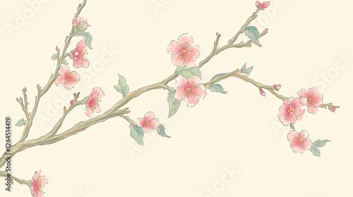 Delicate Cherry Blossom Branches Gently Reaching Towards a Soft Cream Background Conveying Serenity and Tranquility