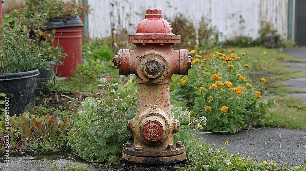A weathered fire hydrant surrounded by vibrant flowers and greenery in a residential area A weathered fire hydrant surrounded by vibrant flowers and greenery in a residential area