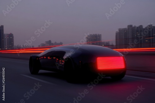 Sleek futuristic car speeds through urban landscape illuminated