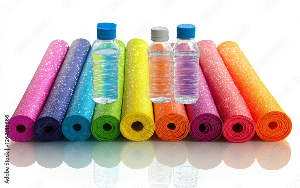 Group of rolled yoga mats in rainbow colors with hydration bottles, illustrating inclusivity, versatility, and vibrant fitness gear for all routines Group of rolled yoga mats in rainbow colors with hydration bottles, illustrating inclusivity, versatility, and vibrant fitness gear for all routines