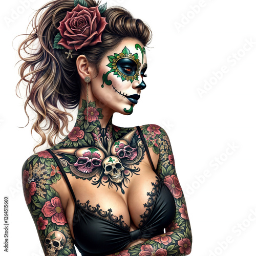 Colorful Floral Sugar Skull Woman for Carnival Day of the Dead of Mardi Gras Day