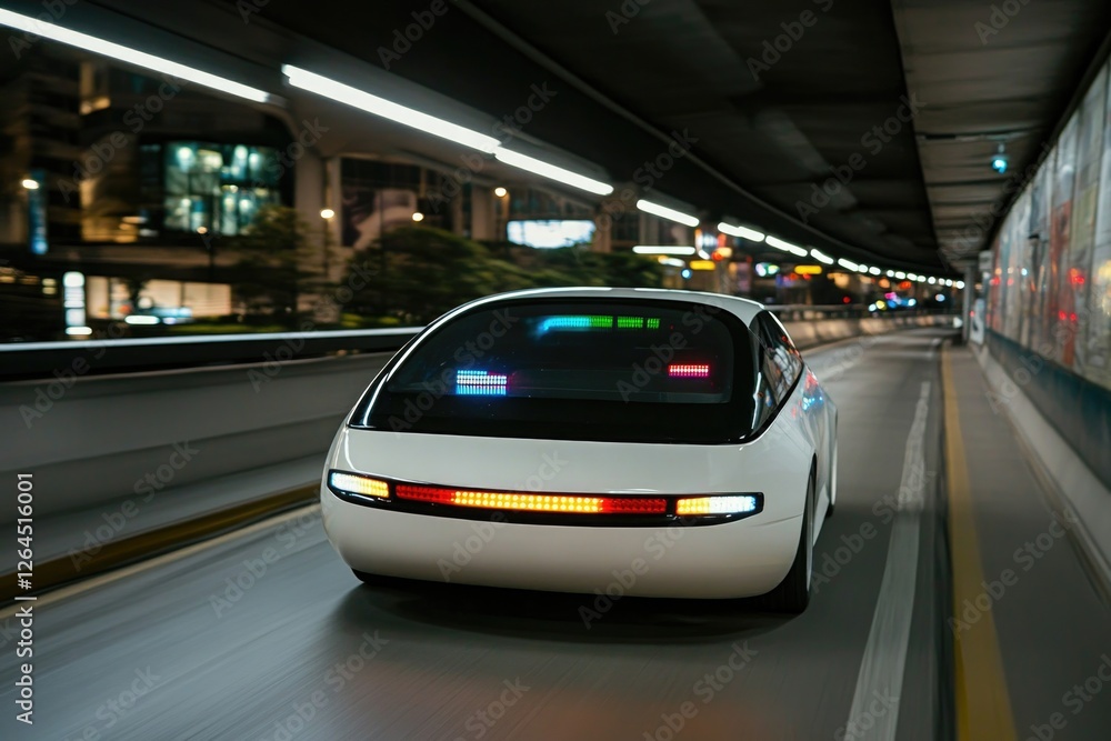 Sleek futuristic car speeds through an illuminated urban tunnel, Sleek futuristic car speeds through an illuminated urban tunnel,