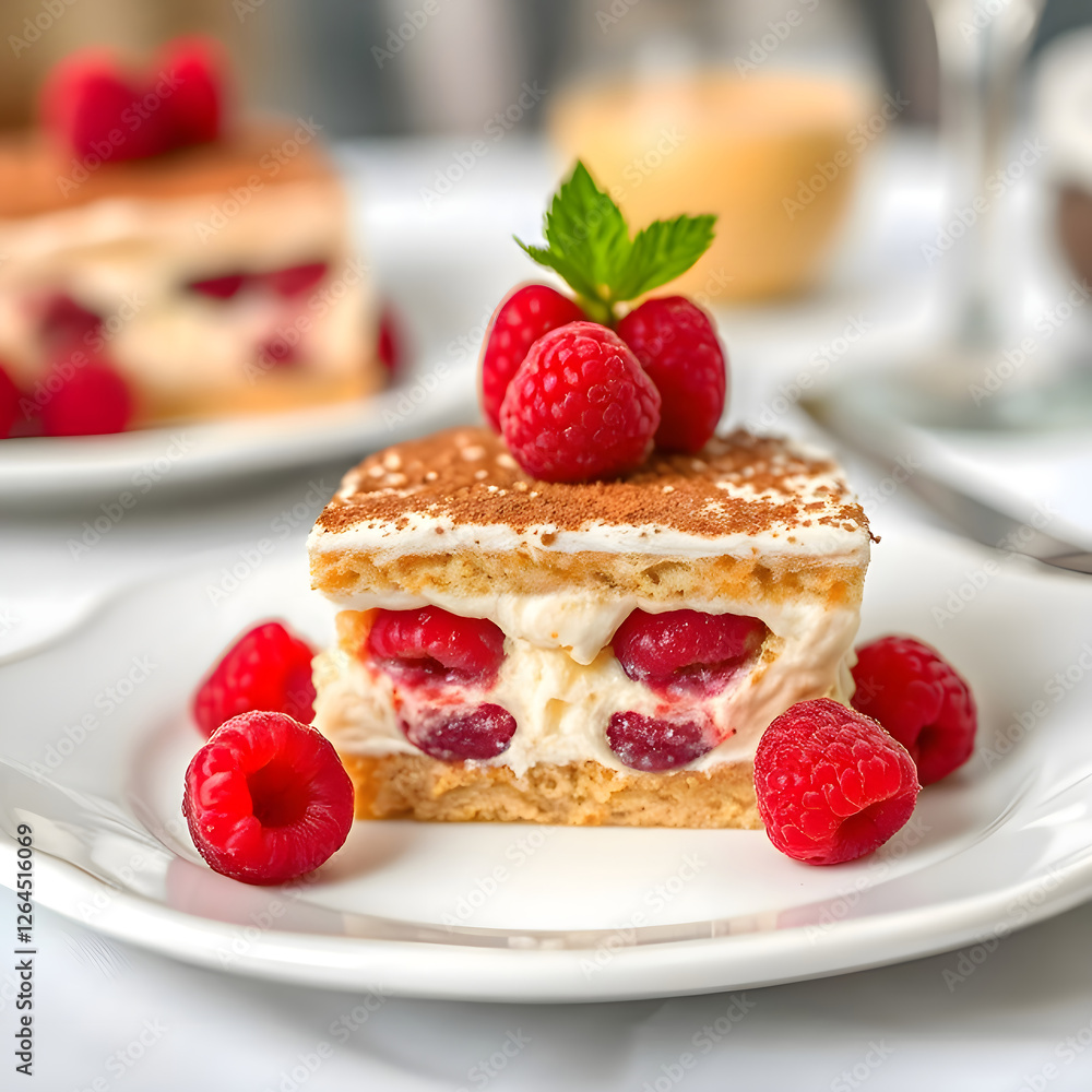 A delicious layered cake decorated with creamy frosting, bright red cranberries, almond slices, and a sprig of green. Served on a white plate, showcasing a festive and appetizing presentation. A delicious layered cake decorated with creamy frosting, bright red cranberries, almond slices, and a sprig of green. Served on a white plate, showcasing a festive and appetizing presentation.