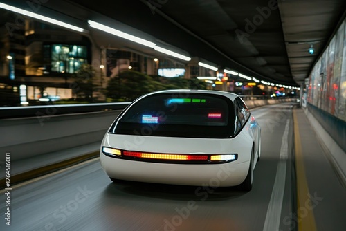 Sleek futuristic car speeds through an illuminated urban tunnel,
