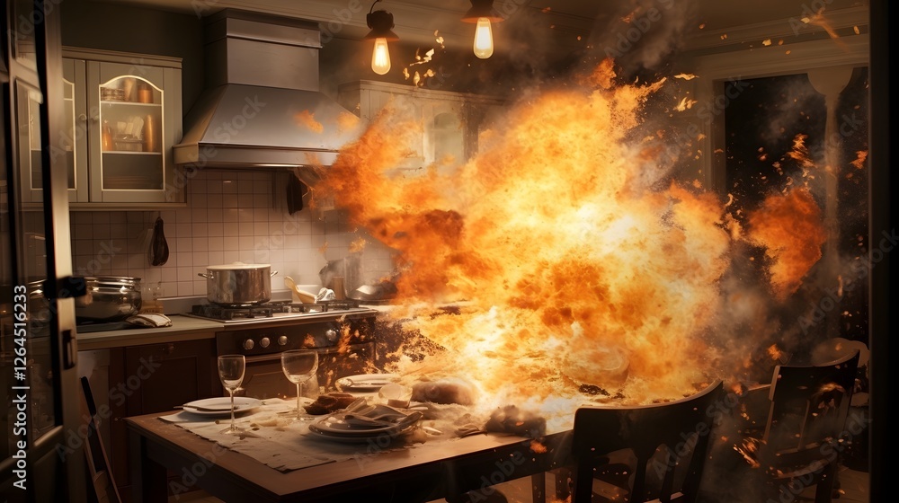 Devastating kitchen explosion due to a ruptured gas pipe causing a rapidly spreading fire that creates chaos and destruction in the domestic setting Devastating kitchen explosion due to a ruptured gas pipe causing a rapidly spreading fire that creates chaos and destruction in the domestic setting