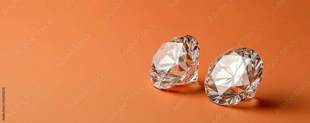 Two sparkling diamonds rest elegantly on an orange surface, showcasing their brilliance and cut. Two sparkling diamonds rest elegantly on an orange surface, showcasing their brilliance and cut.