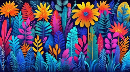 VibrantFloralFantasyAbstractBotanicalArtworkDeepBlueBackgroundColorfulFlowersLeavesBloomsNatureIllustration