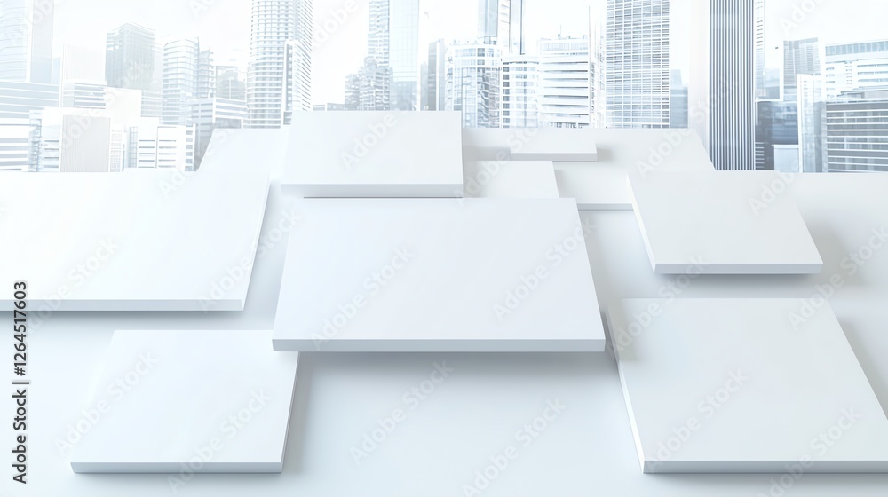 Abstract cityscape with layered white geometric shapes and modern skyscrapers in the background. Abstract cityscape with layered white geometric shapes and modern skyscrapers in the background.