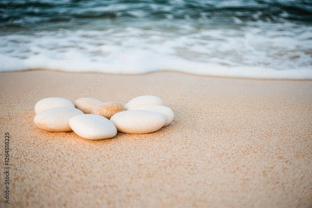 Smooth white stones arranged on golden sand, waves gently lappin Smooth white stones arranged on golden sand, waves gently lappin