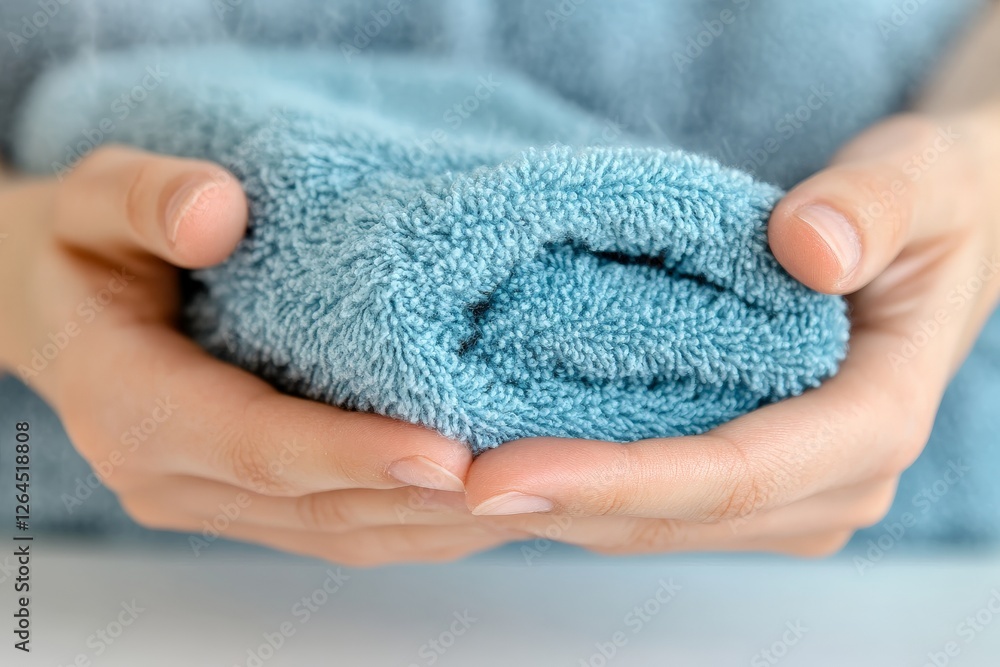 Freshly folded blue towel held in gentle hands, evoking softness, care, and the warmth of home, emphasizing simplicity, cleanliness, and a serene lifestyle approach Freshly folded blue towel held in gentle hands, evoking softness, care, and the warmth of home, emphasizing simplicity, cleanliness, and a serene lifestyle approach