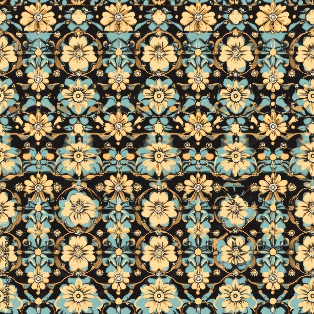 Decorative floral pattern design with intricate details in blue and cream on a black background. Generative AI Decorative floral pattern design with intricate details in blue and cream on a black background. Generative AI