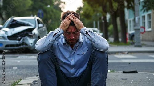Stranded after a Car Accident: A Despairing Man Reflects on Loss and Consequences in Urban Setting
