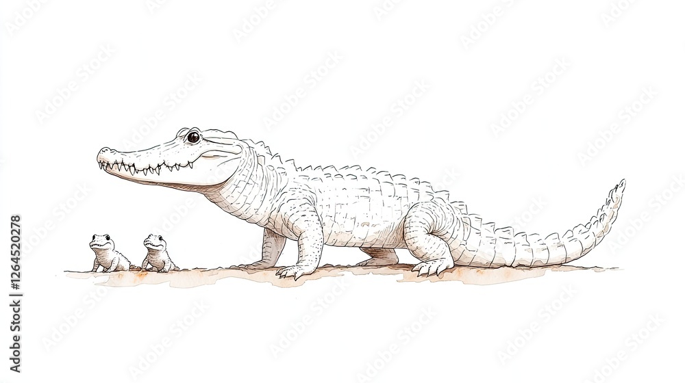 Naklejka premium Illustration of a large white crocodile with two smaller creatures in a sandy environment