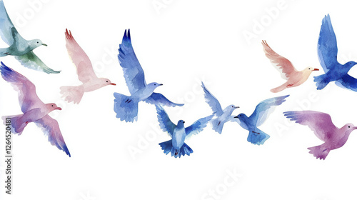 Colorful watercolor seagulls flying gracefully in serene sky