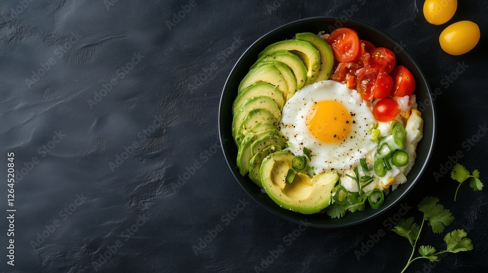 Top view of breakfast bowl with avocado slices, fried egg, cherry tomatoes, and green onions on dark background. Healthy eating and balanced diet Top view of breakfast bowl with avocado slices, fried egg, cherry tomatoes, and green onions on dark background. Healthy eating and balanced diet