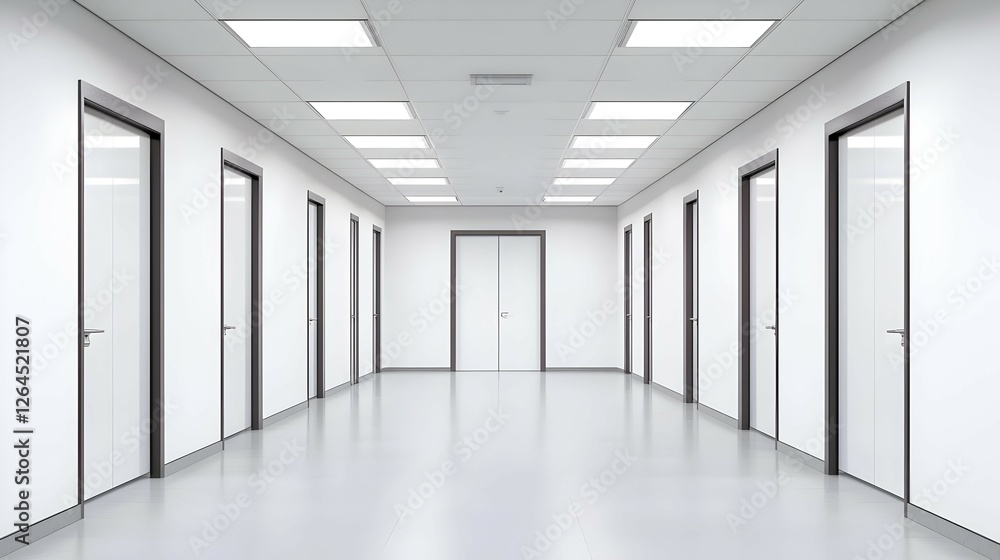 Long White Hallway With Multiple Doors and Bright Lighting Long White Hallway With Multiple Doors and Bright Lighting