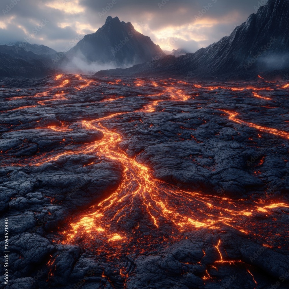 Volcanic Landscape with Flowing Lava and Dramatic Clouds at Dusk Volcanic Landscape with Flowing Lava and Dramatic Clouds at Dusk