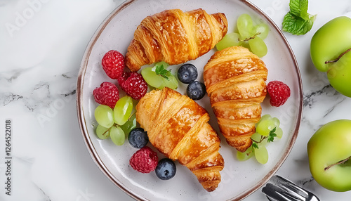 Breakfast with croissants and fresh fruits, top view