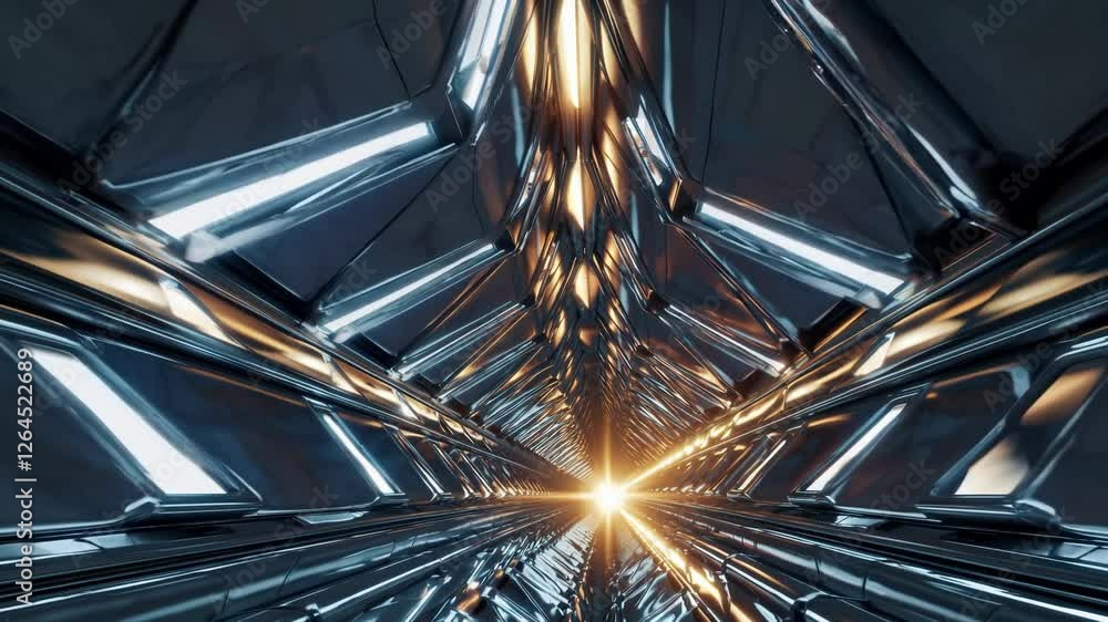 Futuristic tunnel with glowing golden triangular frames Futuristic tunnel with glowing golden triangular frames