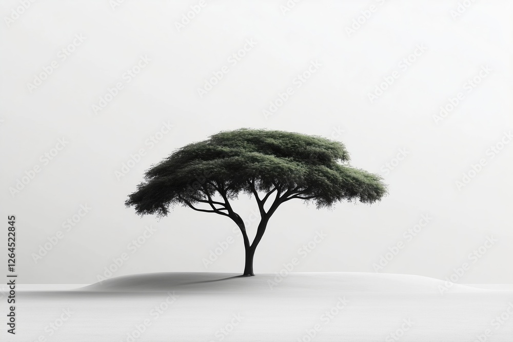 Fototapeta premium Minimalist lone tree with wide canopy on white background, isolated nature concept, simplicity and solitude