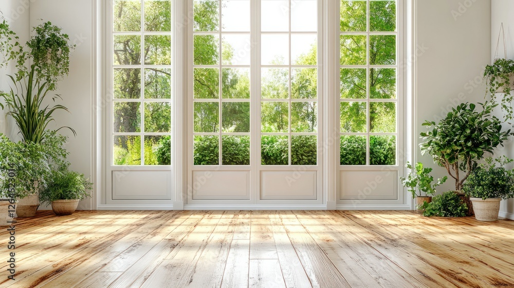 Fototapeta premium Serene Interior: Sunlight Streaming Through French Doors, Illuminating a Room with Plants and Hardwood Floor
