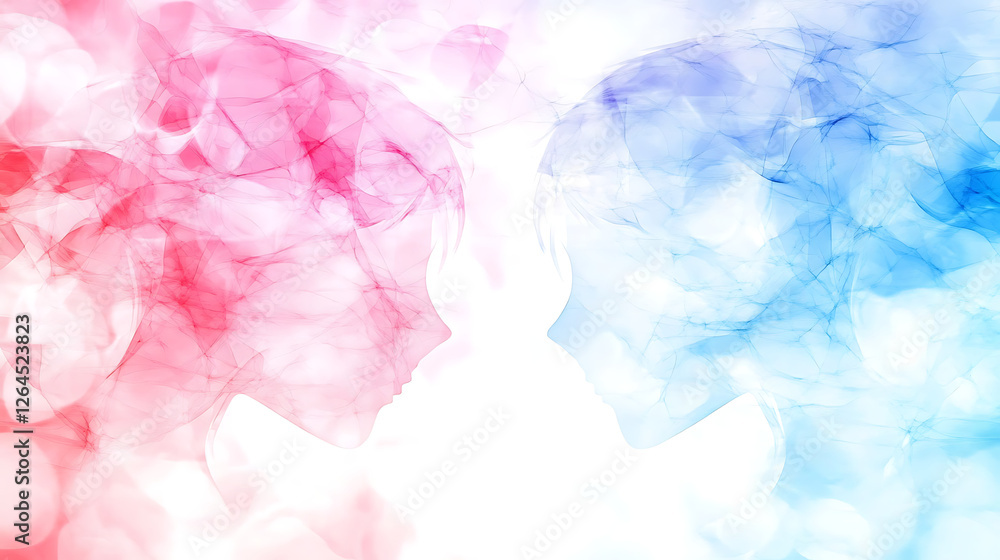 Obraz premium Harmony in Contrast Abstract Silhouette Profiles of Two People Facing Each Other in Blue and Red Tones