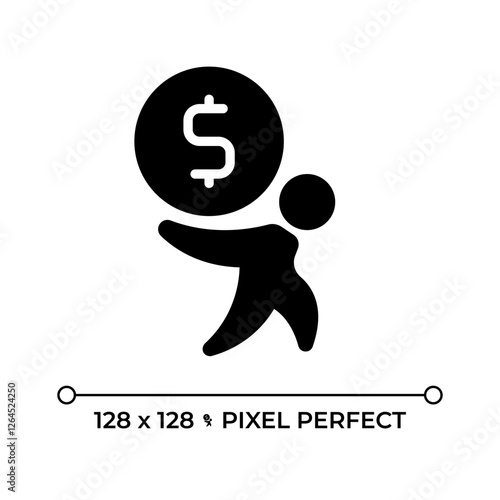 Paying debt pixel perfect black glyph icon. Pay off, credit. Loan, mortgage. Financial management, economics. Silhouette symbol on white space. Solid pictogram. Vector isolated illustration