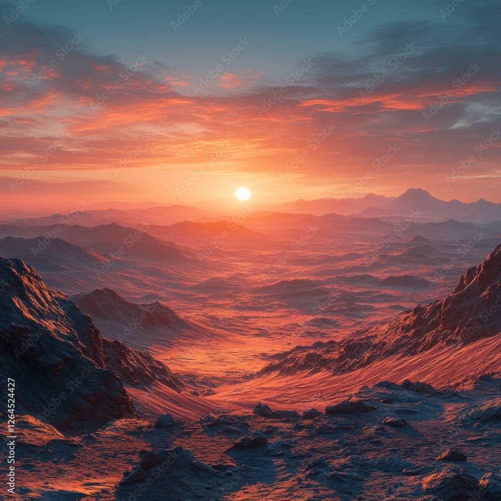 Obraz premium Vibrant Sunset Over Rocky Landscape with Dramatic Cloud Formation
