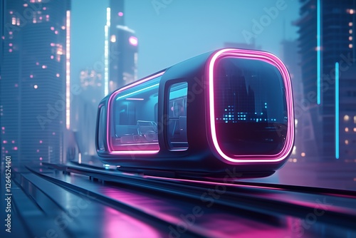 Futuristic train with neon pink lights on elevated track in cityscape at night. Innovation, modern transport photo