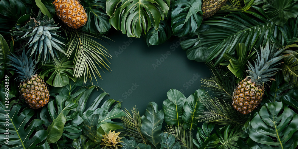 Fototapeta premium Draufsicht auf einen Rahmen mit Ananas und mit Platz für Text in der Mitte - Werbeschild - Flyer