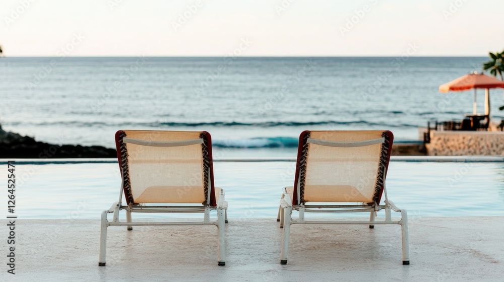 Two sun loungers face serene ocean view, inviting relaxation and Two sun loungers face serene ocean view, inviting relaxation and