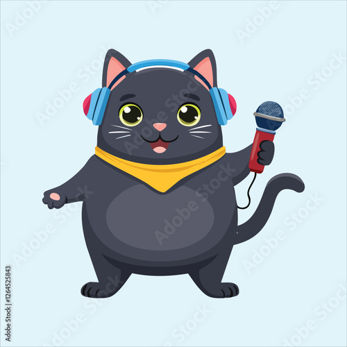 Chubby DJ cat holding a tiny microphone, getting ready to rap