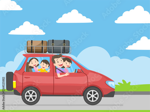 Family Road Trip. Happy family traveling by car. Father, mother, son and daughter. A trip to the countryside. Vector flat style illustration. Travelling by car.