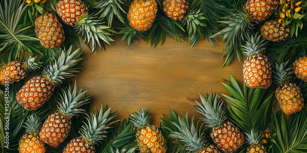 Draufsicht auf einen Rahmen mit Ananas und mit Platz für Text in der Mitte - Werbeschild - Flyer Draufsicht auf einen Rahmen mit Ananas und mit Platz für Text in der Mitte - Werbeschild - Flyer