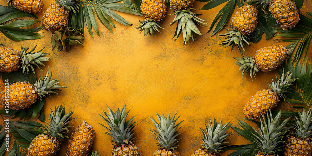 Draufsicht auf einen Rahmen mit Ananas und mit Platz für Text in der Mitte - Werbeschild - Flyer Draufsicht auf einen Rahmen mit Ananas und mit Platz für Text in der Mitte - Werbeschild - Flyer
