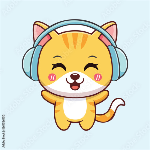 Kawaii chibi cat with headphones, nodding to the music