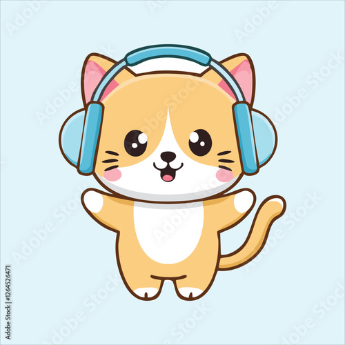 Kawaii chibi cat with headphones, nodding to the music
