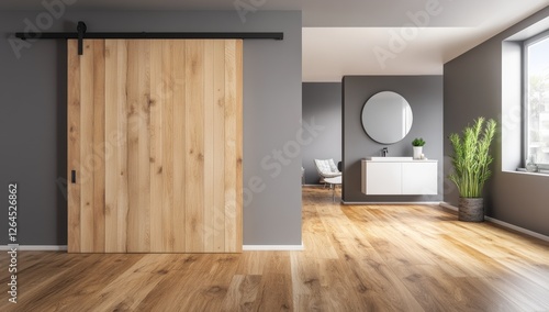 Sliding Barn Door in Light Wood with Black Tracks in Modern Interior